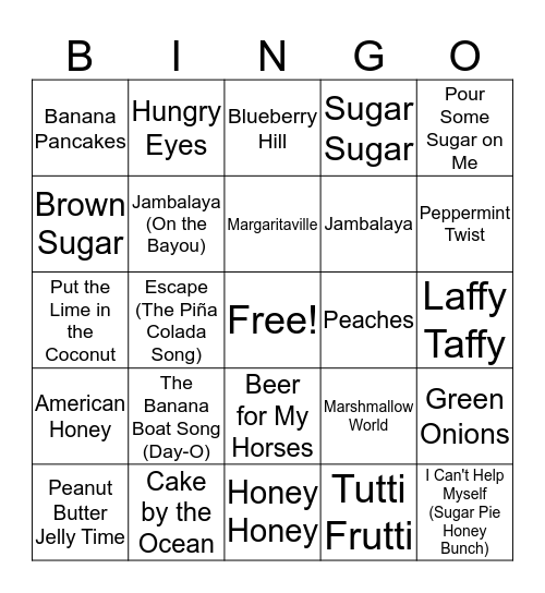 "Food" Songs Music Bingo Card