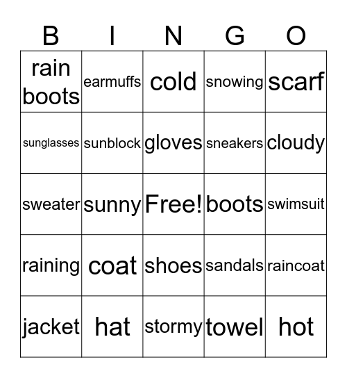 Weather & Clothes Bingo Card