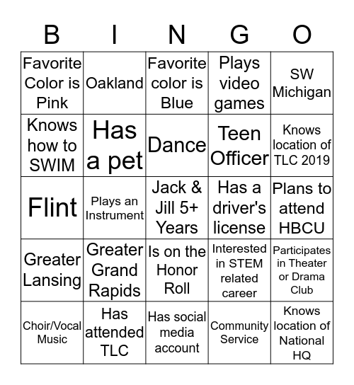 Jack and Jill Getting to Know You BINGO Card