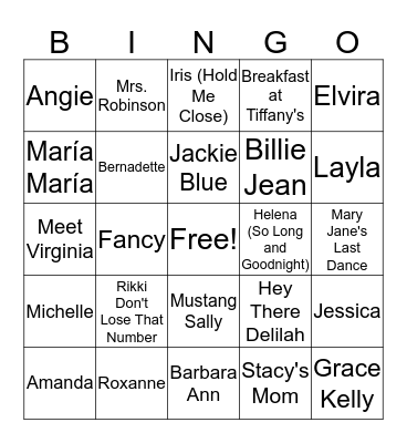 Women's Name Songs Bingo Card