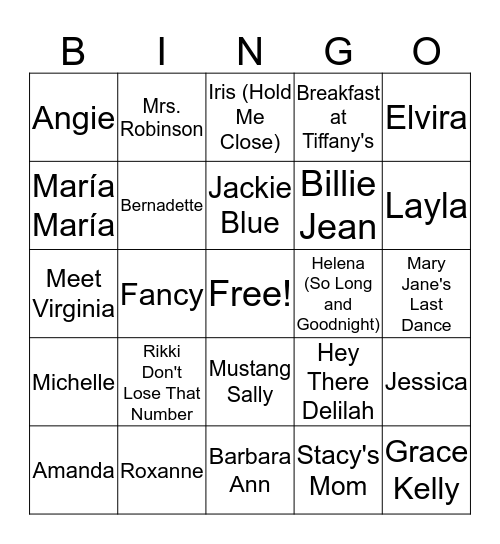 Women's Name Songs Bingo Card