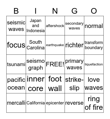 Earthquakes Bingo Card