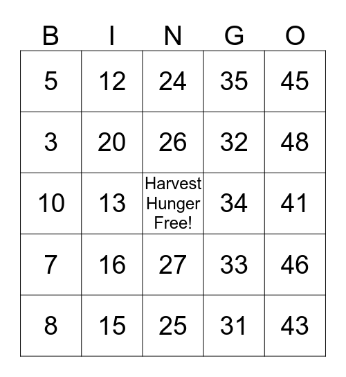 Harvest For Hunger Bingo Card