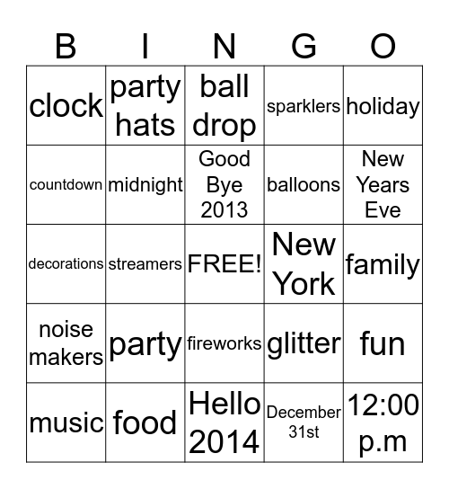 Happy New Year 2014 Bingo Card