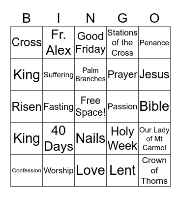 Lenten Season Bingo Card