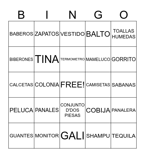 Sara Camila Baby Shower Bingo Card