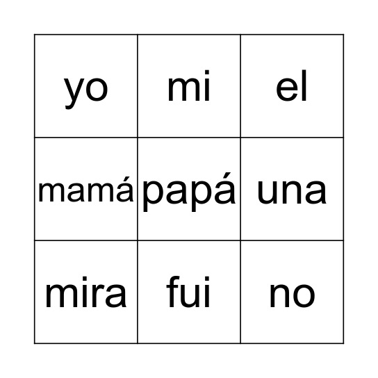 Palabras Bingo Card