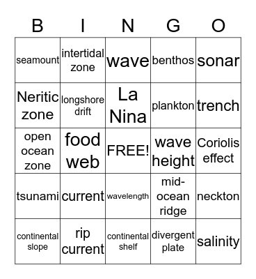 Oceans Bingo Card