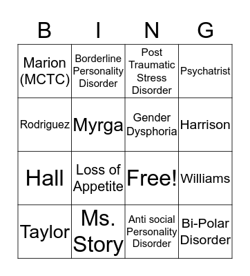 Mental Health Bingo Card