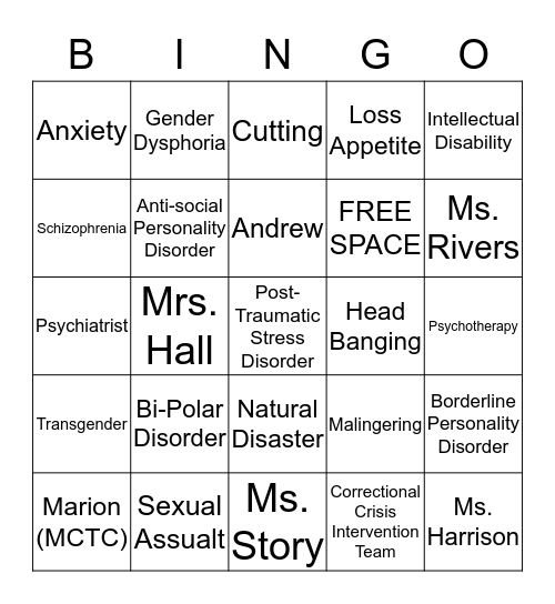 Mental Health Bingo Card