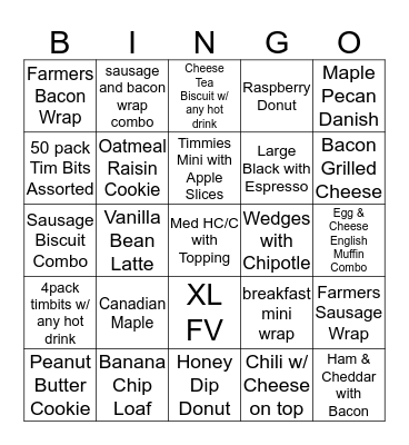 Tim Hortons Bingo Card