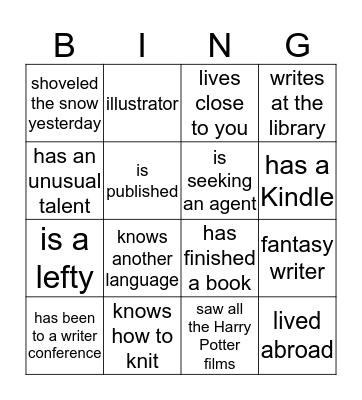SCBWI Westchester Bingo Card