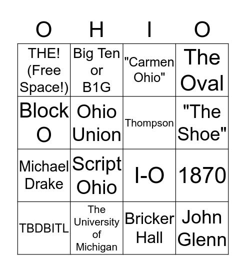 Ohio State Bingo Card