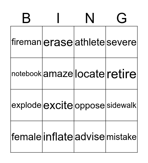 Syllable Bingo Card