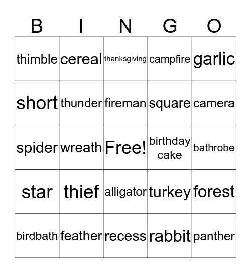 "th" & "r" Bingo Card