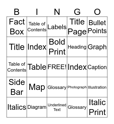 Nonfiction Text Features Bingo Card