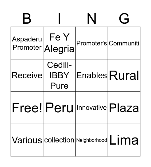 Vocabulary "Peru" Bingo Card