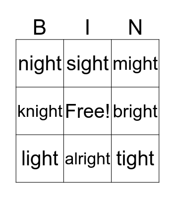 -ight words Bingo Card