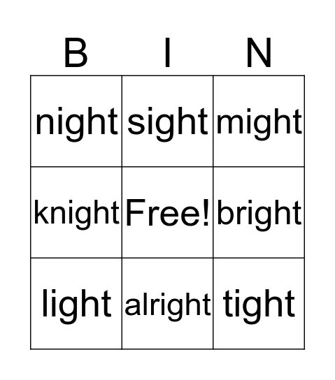 -ight words Bingo Card