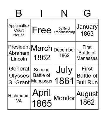 Virginia Civil War Bingo Card
