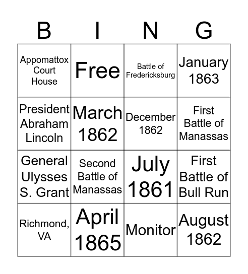 Virginia Civil War Bingo Card