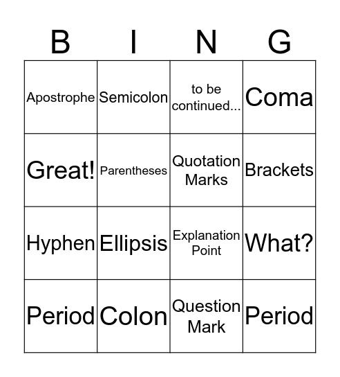 Punctuation Bingo Card