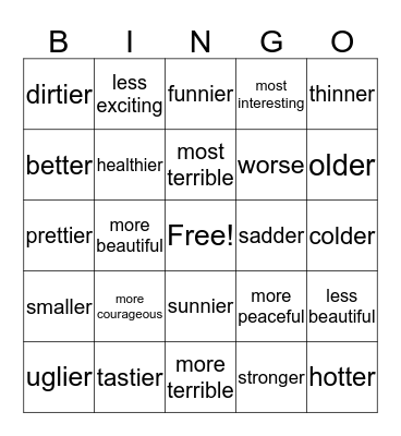 Comparative Adjective  Bingo Card