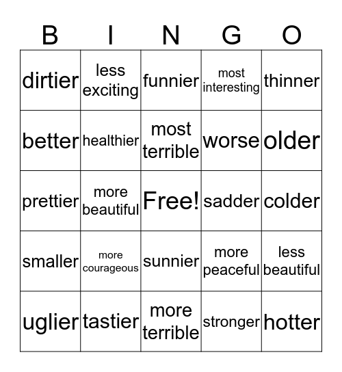 Comparative Adjective  Bingo Card