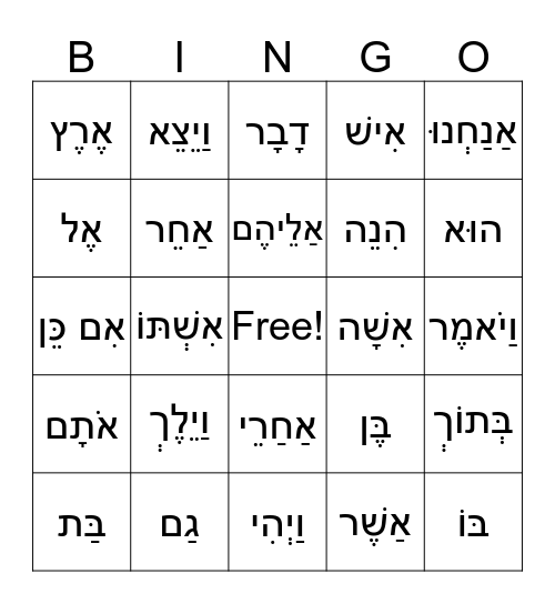 Common Chumash Words (1-35) 4th/5th Grade - Hebrew Bingo Card