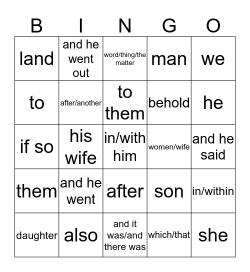 Common Chumash Words (1-35) 4th/5th Grade - English  Bingo Card