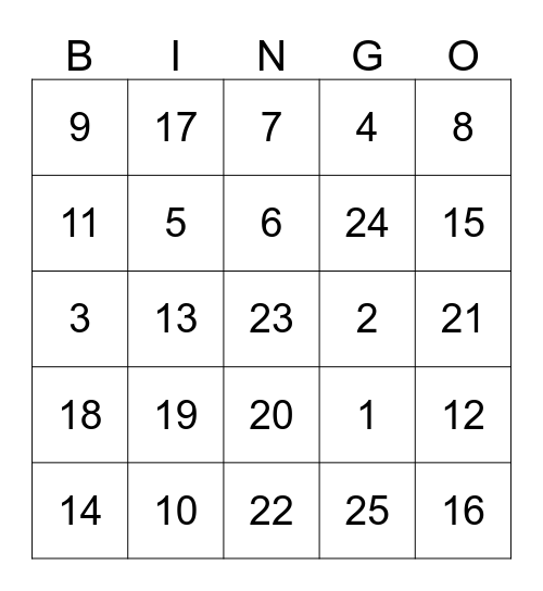 1-25 Bingo Card