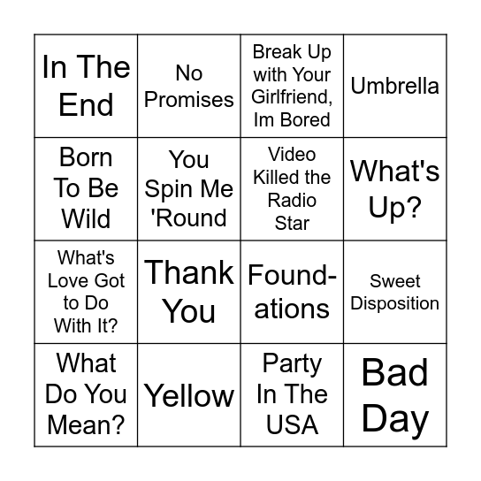 Round 3 - Songs QuestionOneBingo Card