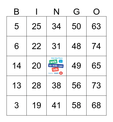 Kids Help Phone Fundraising Bingo Card