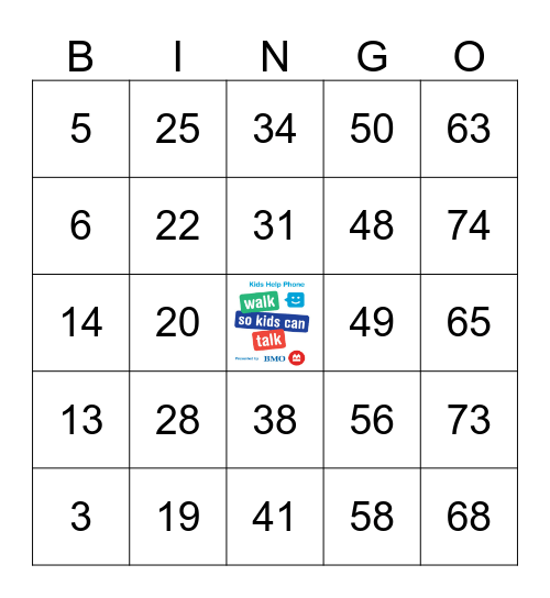 Kids Help Phone Fundraising Bingo Card