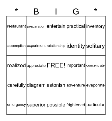 * B I G * Bingo Card
