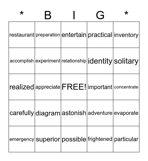 * B I G * Bingo Card
