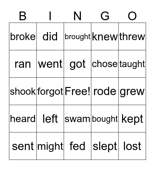 Irregular Verbs Bingo Card