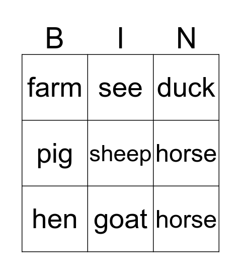 farm friends Bingo Card
