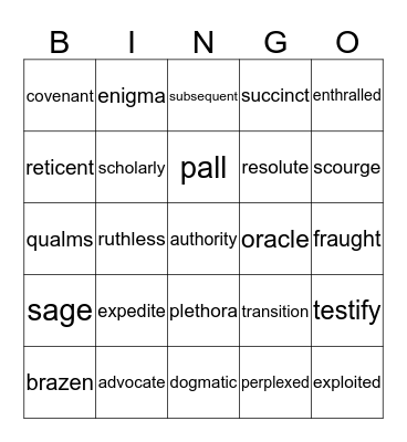 Vocabulary Bingo Card