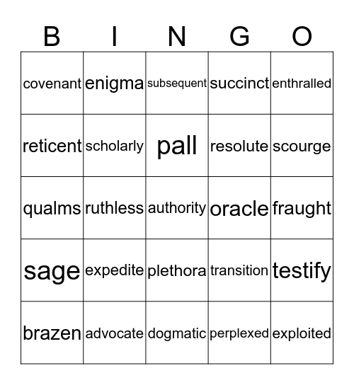 Vocabulary Bingo Card