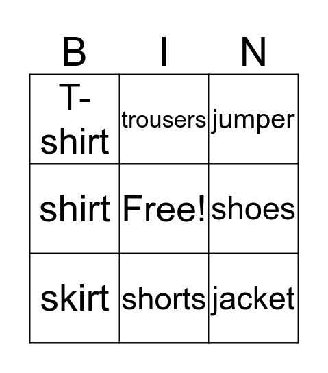 Clothes Bingo Card