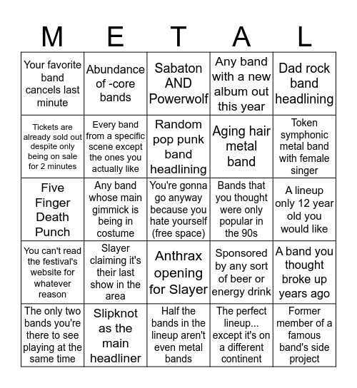 Summer 2019 Metal Festival Bingo Card