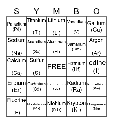 Periodic Table Bingo Card