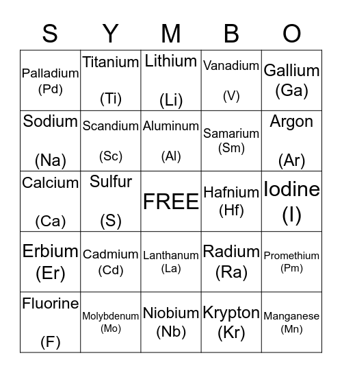 Periodic Table Bingo Card