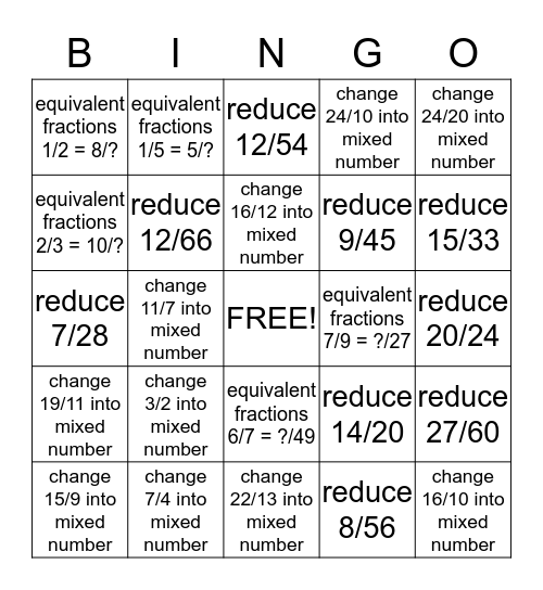 fractions #1 Bingo Card
