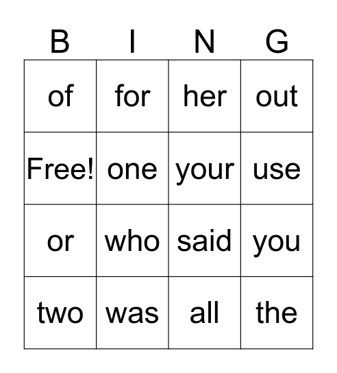 Sight Words Bingo Card