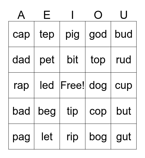 AEIOU BINGO Card