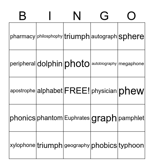 PH words Bingo Card