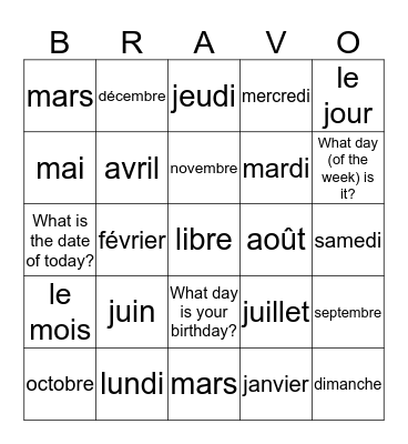 Les  Mois et les Jours de la Semaine Bingo Card