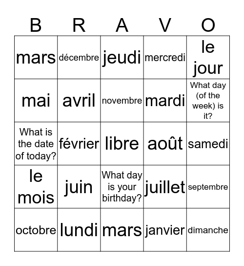 Les  Mois et les Jours de la Semaine Bingo Card